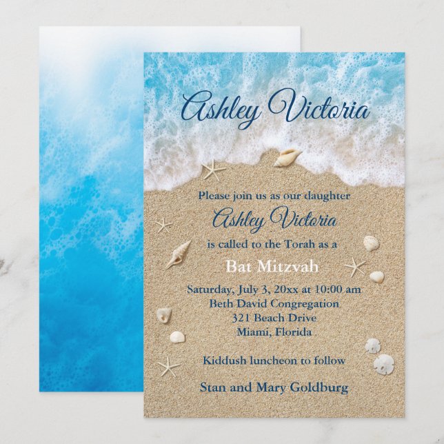 Invitation Bat mitzvah Blue Beach Waves (Devant / Derrière)