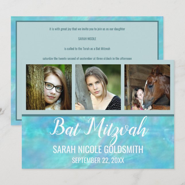 Invitation Bat mitzvah Blue Opal Aquarelle Photo Collage (Devant / Derrière)