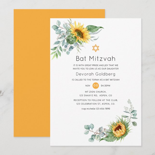 Invitation Bat mitzvah Boho Sunflower Eucalyptus (Devant / Derrière)