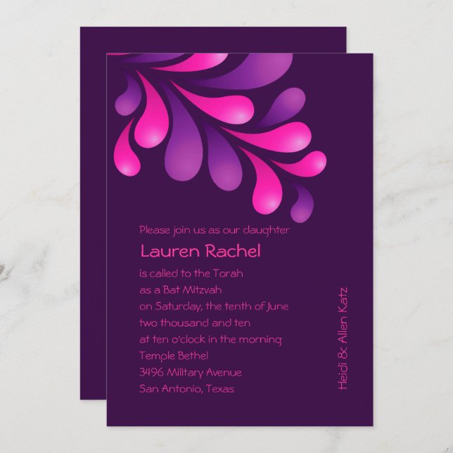 Invitation Bat mitzvah Bold Plume violet rose sur n'importe q (Devant / Derrière)