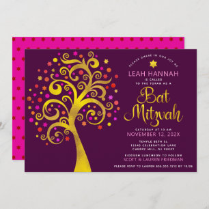 Invitation Bat mitzvah Bourgogne Gold Foil Arbre de vie moder