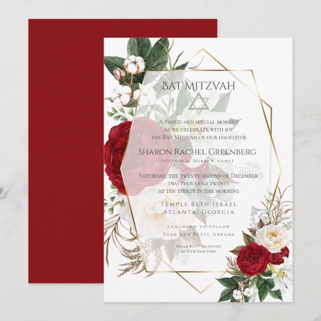 Invitation BAT MITZVAH | Bourgogne Peony Verse 2 (Devant / Derrière)