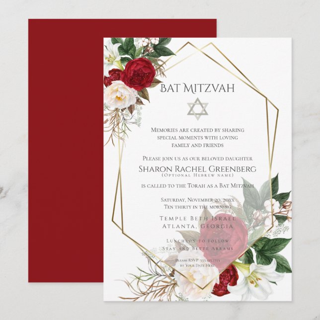 Invitation BAT MITZVAH | Bourgogne Peony Verse 3 (Devant / Derrière)