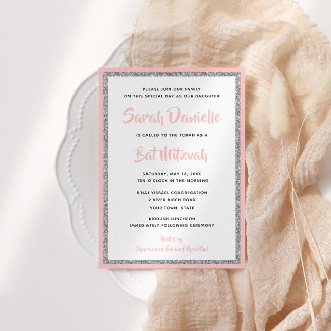 Invitation Bat mitzvah brillant rose et argenté rectangle (Créateur téléchargé)