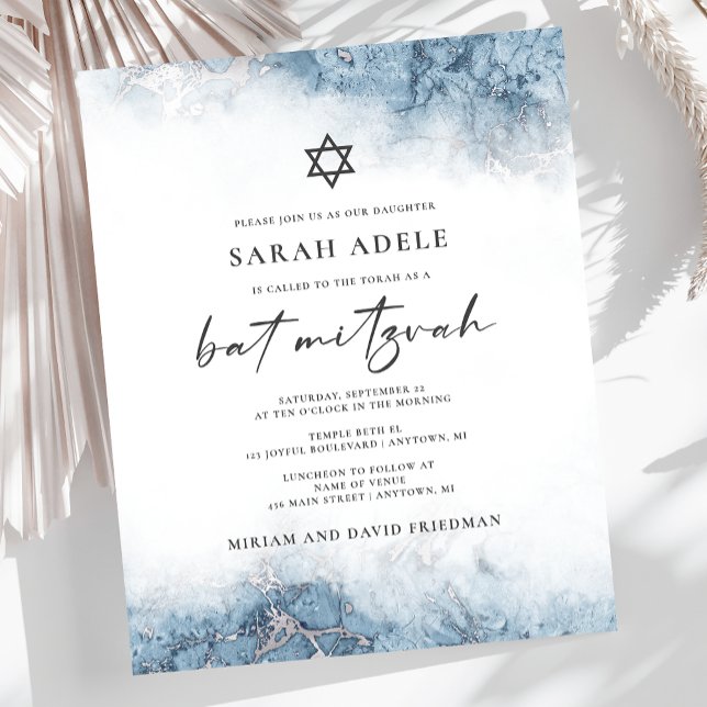 Invitation Bat mitzvah Budget Marbre Bleu Argent (Créateur téléchargé)