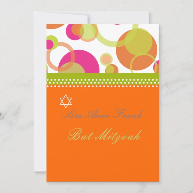 Invitation Bat mitzvah+Bulles motrices/orange/rose vif (Devant)