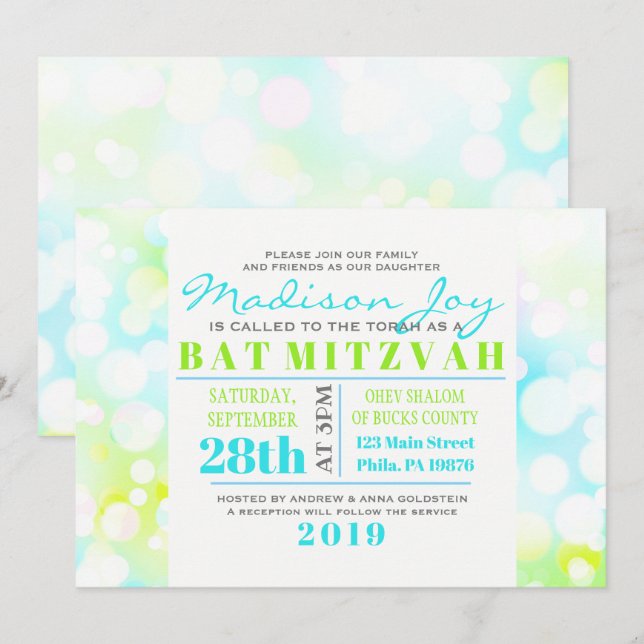 Invitation Bat Mitzvah BULLLES LUMINEUSES (Devant / Derrière)