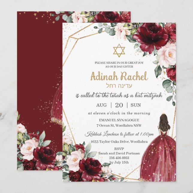 Invitation Bat mitzvah Burgundy Blush Floral Gold Princess (Devant / Derrière)