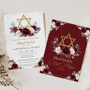 Invitation Bat mitzvah Burgundy Blush Floral Gold Star