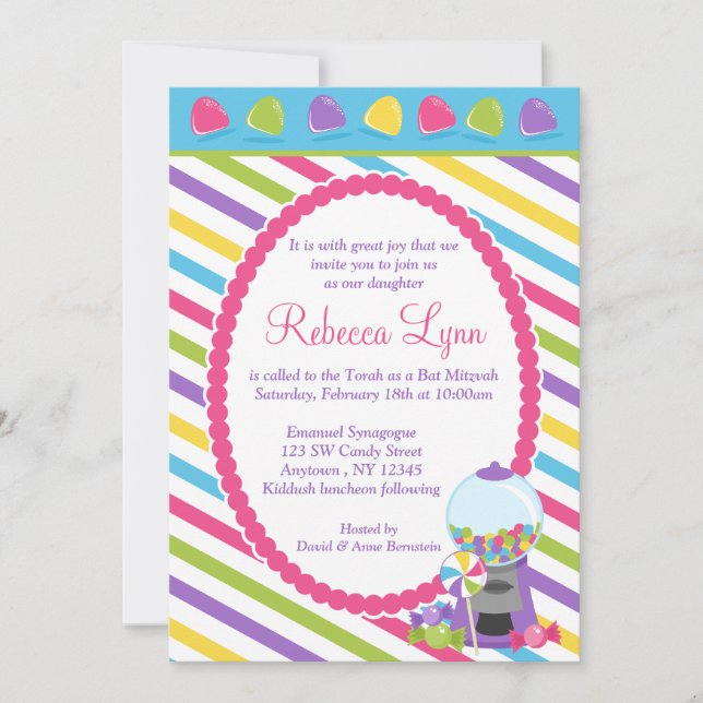 Invitation Bat mitzvah Candy Stripes (Devant)