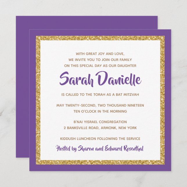 Invitation Bat mitzvah Carré de Parties scintillant violet et (Devant / Derrière)