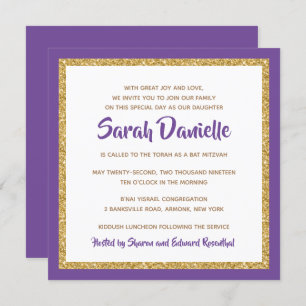 Invitation Bat mitzvah Carré de Parties scintillant violet et