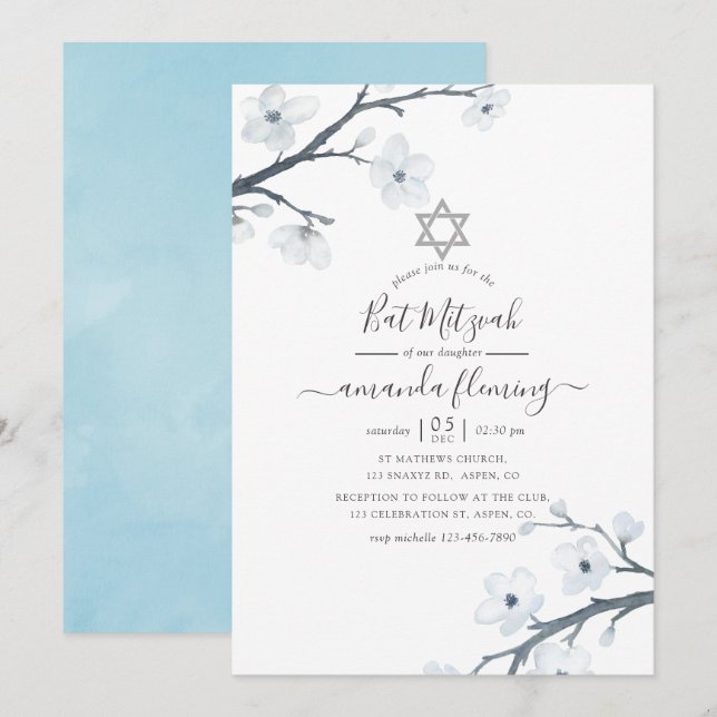 Invitation Bat mitzvah Cherry Blossoms (Devant / Derrière)