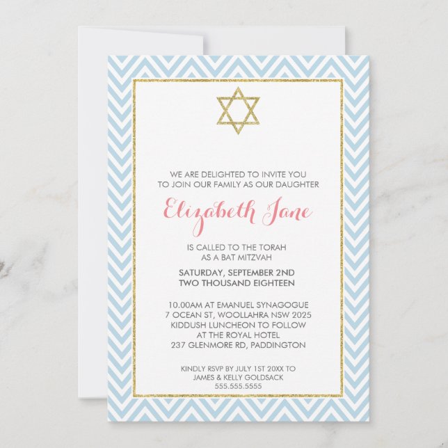 Invitation BAT MITZVAH chevron motif or brillant bleu (Devant)