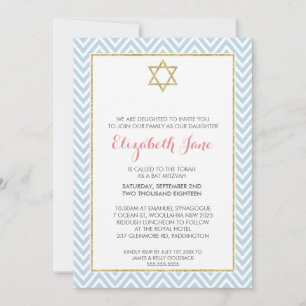 Invitation BAT MITZVAH chevron motif or brillant bleu
