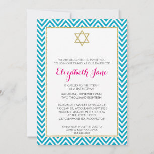 Invitation BAT MITZVAH chevron motif or gliterie aqua