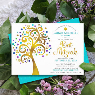 Invitation Bat mitzvah Chic Turquoise Gold Foil Arbre de vie
