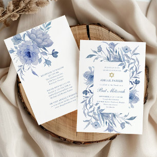Invitation Bat mitzvah   Chinoiserie florale bleue et blanche