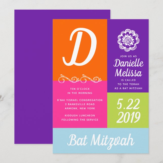 Invitation bat mitzvah Color Block (Devant / Derrière)