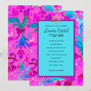 Invitation Bat mitzvah Coloré Peint Damas rose