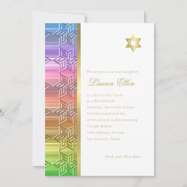 Invitation Bat mitzvah coloré Rainbow Star Damask (Devant)