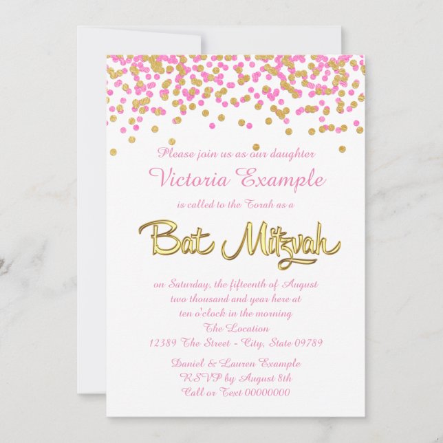 Invitation Bat mitzvah Confetti rose et or (Devant)