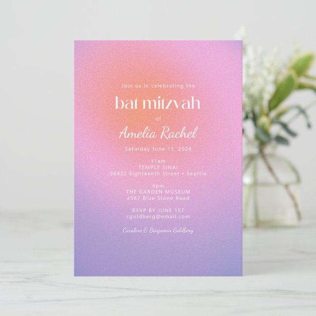 Invitation Bat mitzvah cool tendance dégradé rose violet rose (Debout devant)