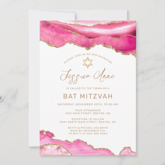 Invitation Bat mitzvah d'agate de Parties scintillant rose ch (Devant)