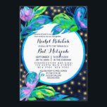 Invitation Bat mitzvah d'aquarelle à feuilles florales de pap<br><div class="desc">C'est une invitation Bat mitzvah majestueuse et artistique pour l'événement spécial de votre jeune adolescente. Il représente un carré vert citron peint à la main, vert turquoise, violet, rose néon, papillon, fleur et feuilles tropicaux autour d'une bordure circulaire bleue d'eau sur un ciel bleu marine foncé. Dans l'arrière - plan...</div>