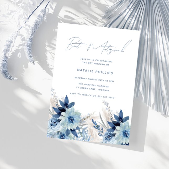 Invitation Bat mitzvah d'aquarelle bleu foncé (Créateur téléchargé)