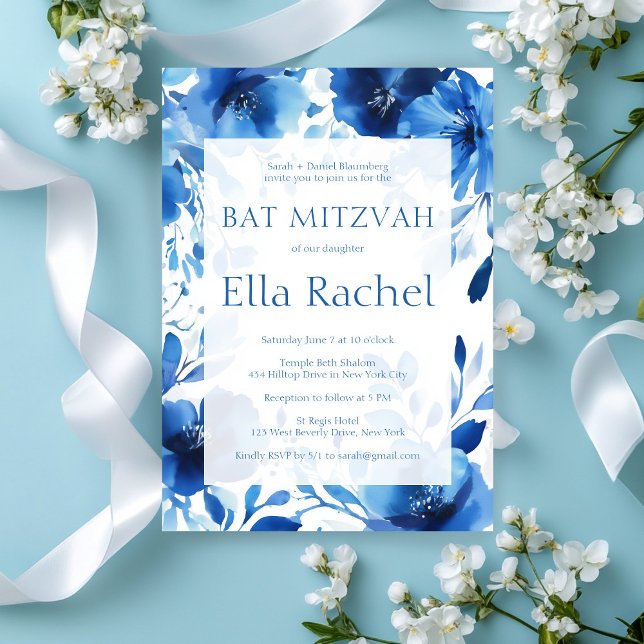 Invitation Bat mitzvah d'aquarelle Blue Blooms (Blue Blooms Watercolor BAT MITZVAH CUSTOM Invitation
)