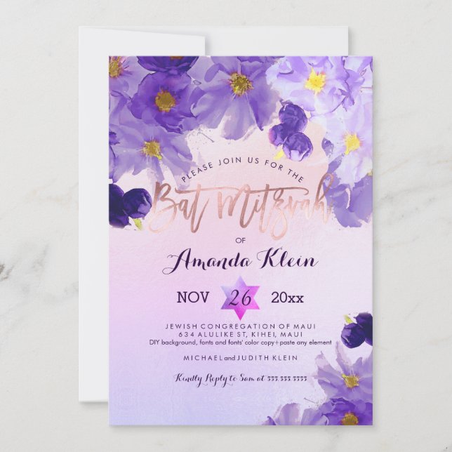 Invitation Bat mitzvah d'aquarelle florale PixDezines (Devant)