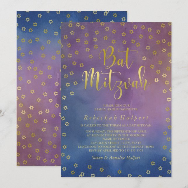 Invitation Bat mitzvah d'aquarelle Gold Stars (Devant / Derrière)