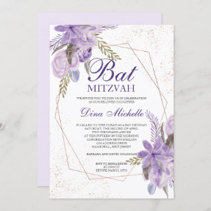 Invitation Bat mitzvah d'aquarelle rose or violet