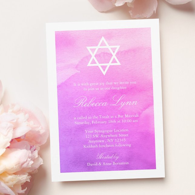 Invitation Bat mitzvah d'aquarelle violet et rose (Créateur téléchargé)