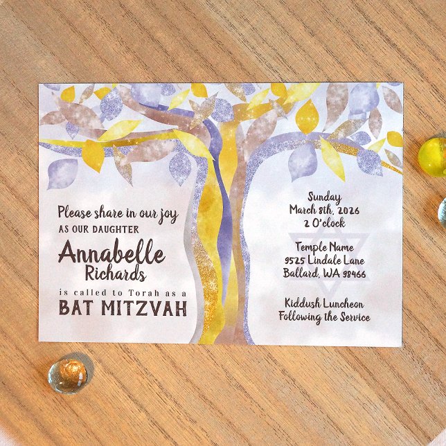 Invitation Bat mitzvah d'arbre torsadée bleu, jaun (Yellow, blue bat mitzvah invitations with entwined tree of life, glitter, sparkles tree leaves)
