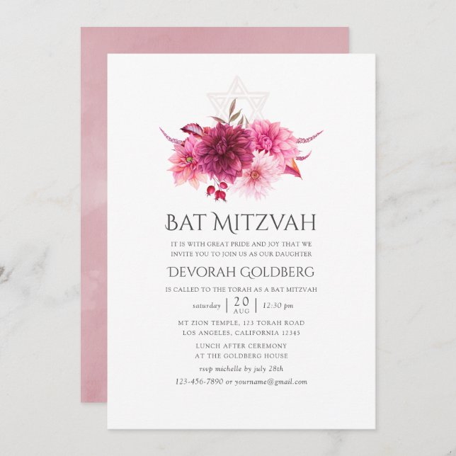 Invitation Bat mitzvah d'automne de la Bourgogne et du rose (Devant / Derrière)