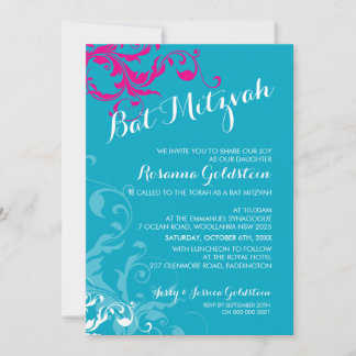 Invitation bat mitzvah de 128 marines fleurissent rose turquo