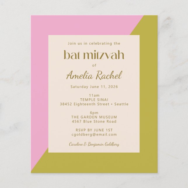Invitation Bat mitzvah de blocs couleur vert rose  (Devant)
