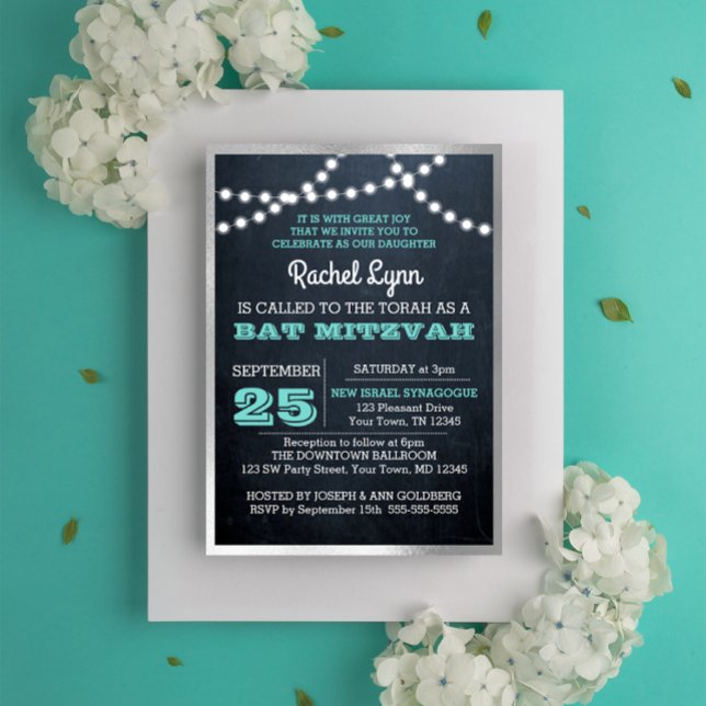 Invitation Bat mitzvah de bordure Turquoise de panneau lumine (Créateur téléchargé)