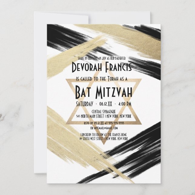 Invitation Bat mitzvah de broderie moderne Chic Black Gold (Devant)