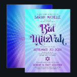 Invitation Bat mitzvah de code QR Rétro Bleu pourpre Gradient<br><div class="desc">Soyez fier, réjouissez-vous et présentez cette étape importante de votre Bat mitzvah préféré ! Envoyez cette amusante boho retro, invitation de code QR personnalisée pour un événement à se souvenir. Une typographie violette et bleu marine amusante, tendance et audacieuse, avec une typographie sans serif moderne, recouvre un arrière - plan...</div>