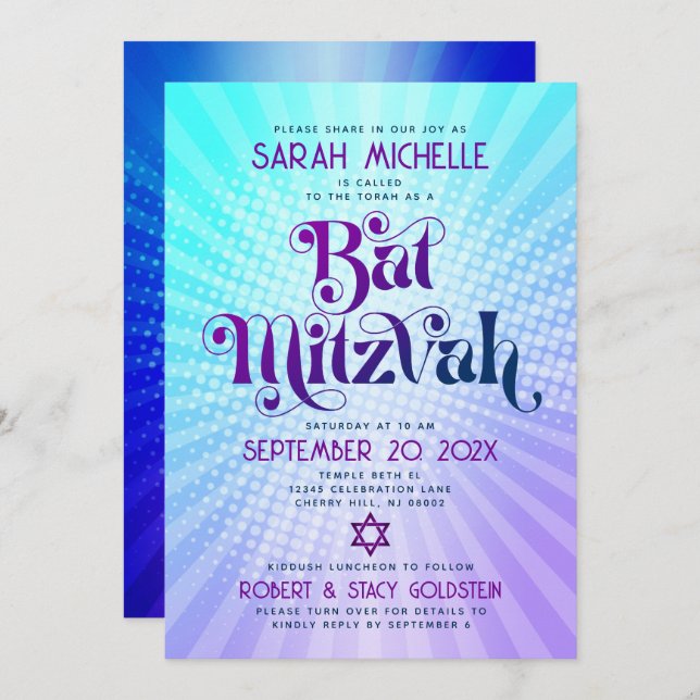 Invitation Bat mitzvah de code QR Rétro Bleu pourpre Gradient (Devant / Derrière)