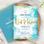 Invitation Bat mitzvah de code QR Turquoise Aquarelle or<br><div class="desc">Soyez fier, réjouissez-vous et présentez cette étape importante de votre Bat mitzvah préféré ! Envoyez cette incroyable invitation de code QR personnalisée, moderne et étonnante pour un événement à retenir. Scénario brillant de feuille d'or, points de parties scintillant, Star of David et typographie manuscrite de script superposent un arrière -...</div>