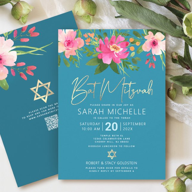 Invitation Bat mitzvah de code QR Turquoise Floral Gold Scrip (Créateur téléchargé)