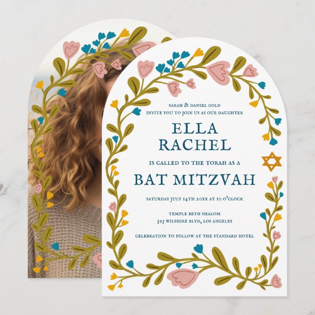 Invitation Bat mitzvah de couronne de fleurs photo personnali (Devant / Derrière)