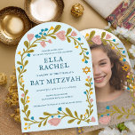 Invitation Bat mitzvah de couronne de fleurs photo personnali<br><div class="desc">Carte parfaite pour annoncer une bar mitzvah, bat mitzvah ou autre célébration juive ! L'art fait main pour vous ! ENTIÈREMENT PERSONNALISABLE ! Cliquez sur "Personnaliser" ci-dessus pour modifier le texte et ajouter votre photo à l'arrière (vous pouvez également supprimer le cadre floral si vous le souhaitez). Cliquez sur "modifier...</div>