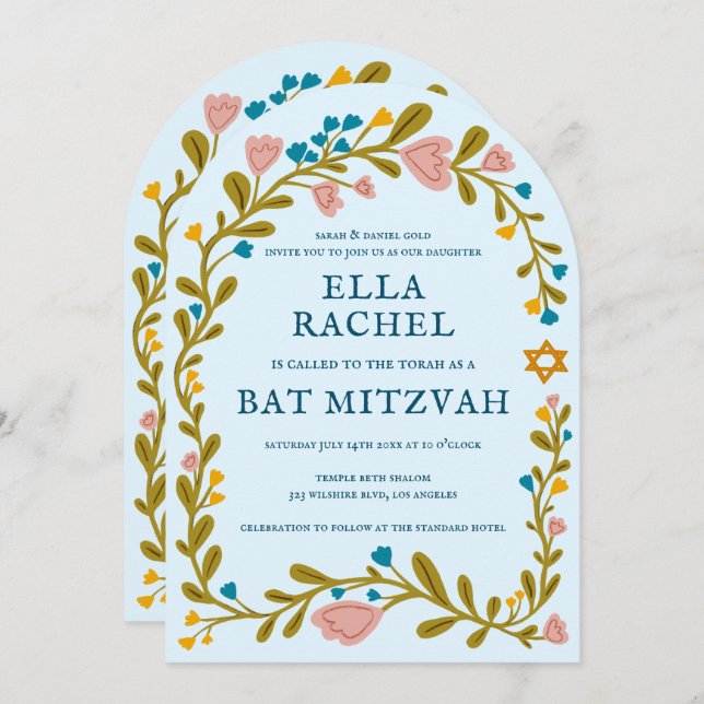 Invitation Bat mitzvah de couronne florale Code QR personnali (Devant / Derrière)