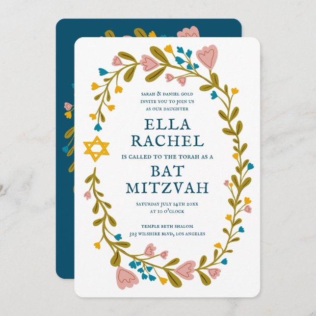 Invitation Bat mitzvah de couronne florale Code QR personnali (Devant / Derrière)