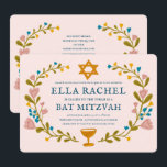 Invitation Bat mitzvah de couronne florale Code QR personnali<br><div class="desc">Carte parfaite pour annoncer une bar mitzvah, bat mitzvah ou autre célébration juive ! L'art fait main pour vous ! ENTIÈREMENT PERSONNALISABLE ! Cliquez sur "Personnaliser" ci-dessus pour modifier le texte et ajouter votre propre lien au code QR au verso. Cliquez sur "modifier à l'aide de l'outil de conception" pour...</div>